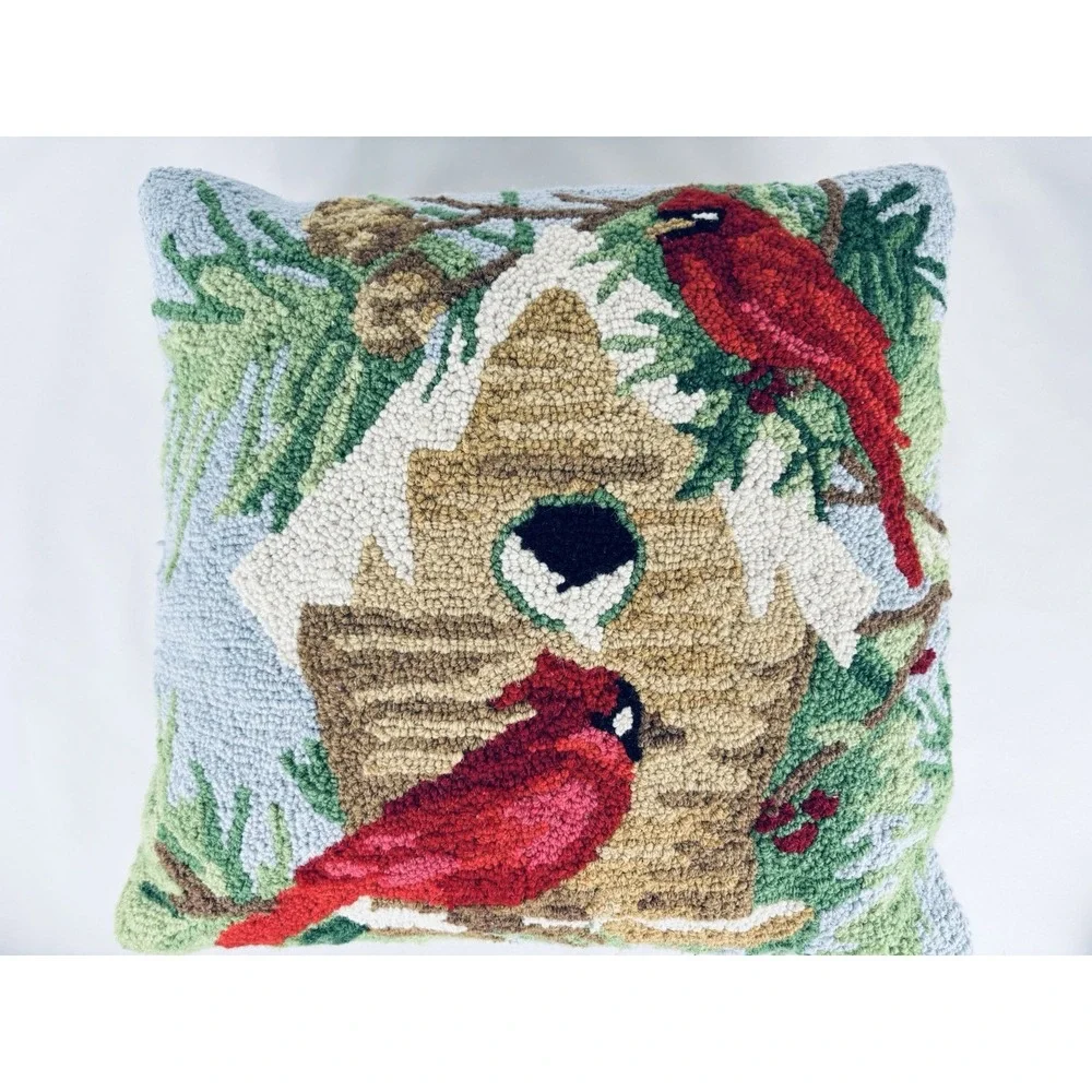 Winter Cardinal Bird House Hooked Wool Throw Pillow Cushion Holiday Christmas